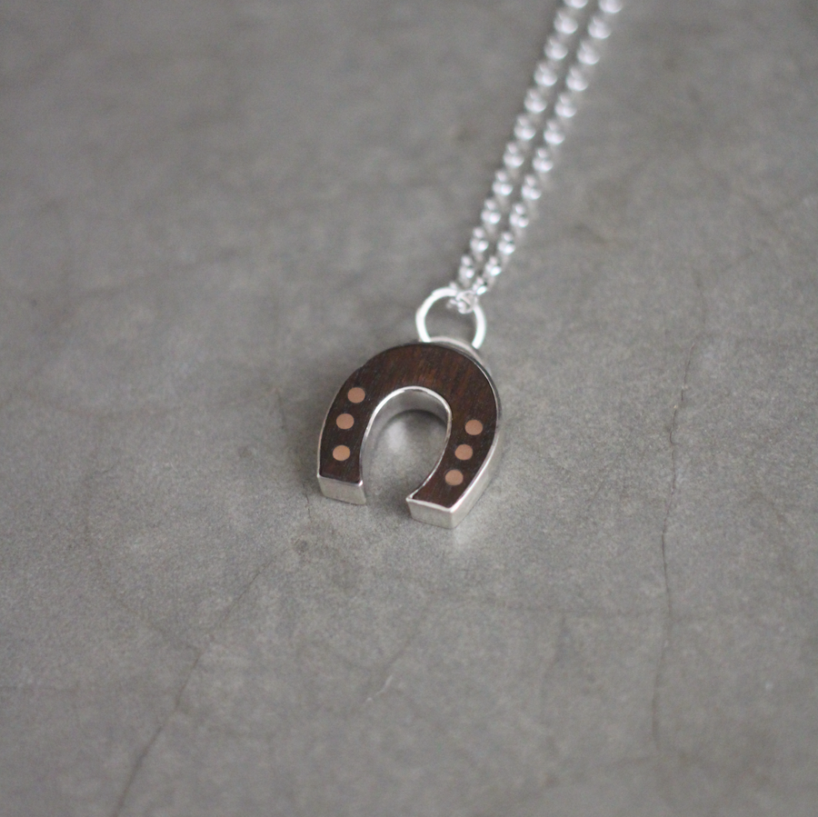 Sterling + rosewood + 14k rose gold inlay necklace